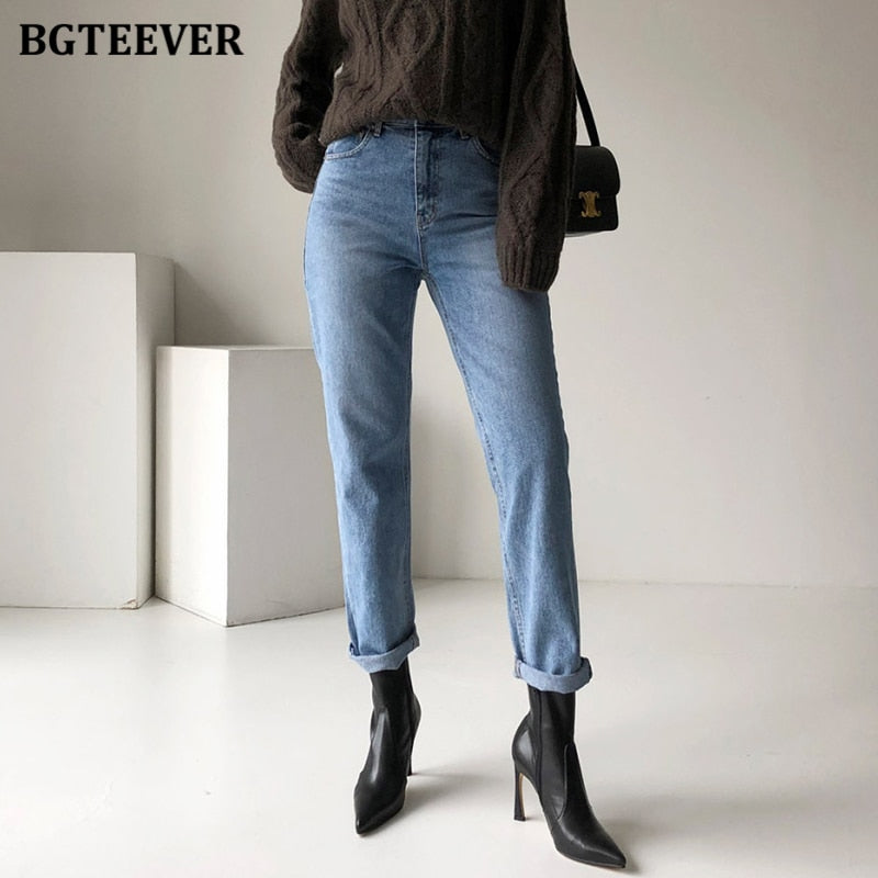 BGTEEVER Vintage Streetwear Women Denim Blue Jeans Autumn Winter High Waist Loose Trousers Female Straight Leg Jeans Pants