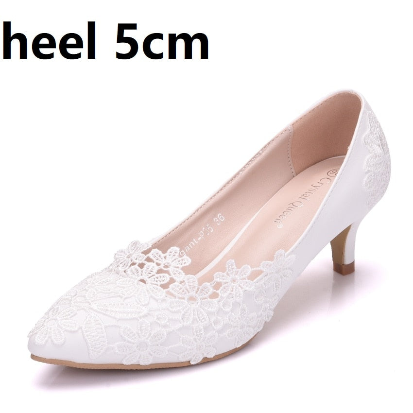 Crystal Queen White Lace Flower Pumps Womens Elegant Wedding Shoes Bride High Heels Platform Ladies Wedges Party Dress Stiletto