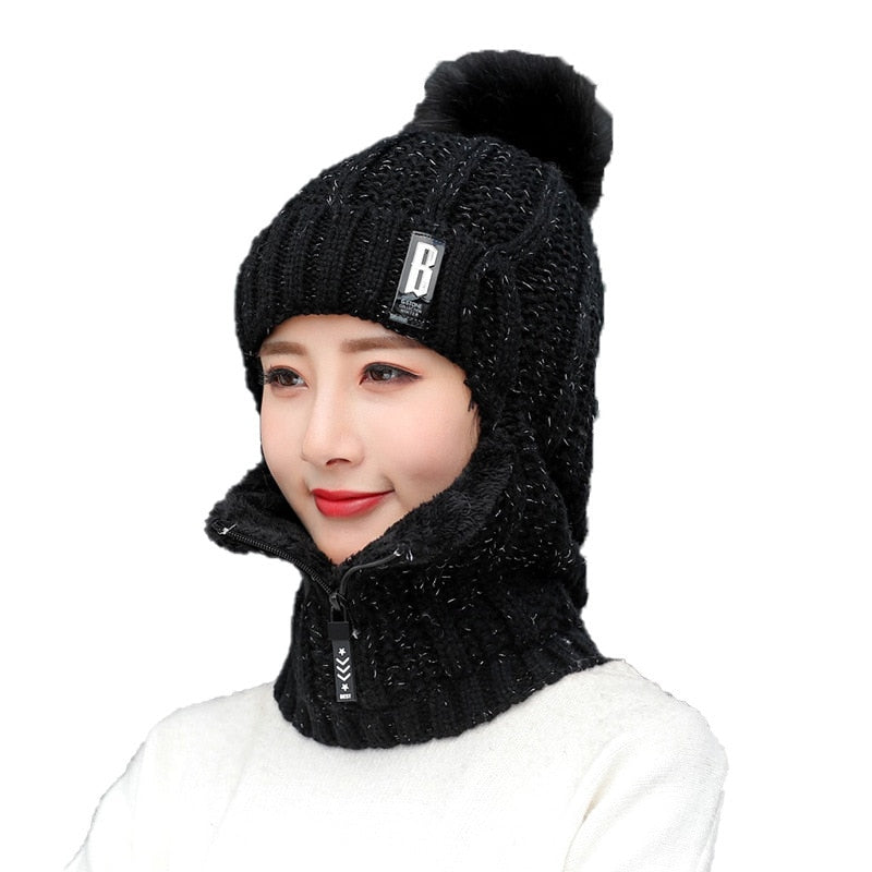 Coral Fleece Winter Women Knitted Hats Add Fur Warm Winter Hats For Women With Zipper Keep Face Warmer Balaclava Pompoms Cap