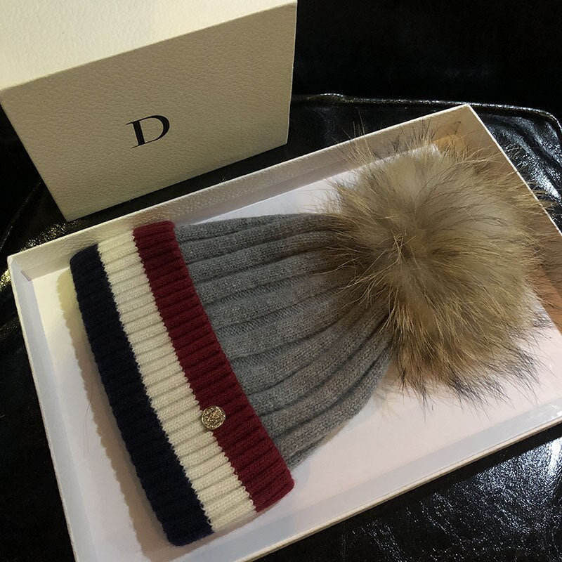 Beanies for Women Cotton Raccoon Fur Pompom Beanies Ladies Skullies Winter Warm Hats Black Red Fur Striped Men Beanies Elastic