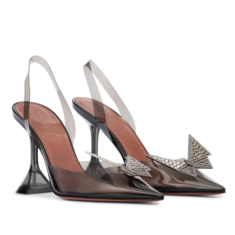 2021 New Pointed Transparent Sandals Women&#39;s Bun Water Drill Bow Wine Glass Heels