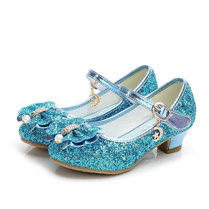 Princess Kids Leather Shoes For Girls Flower Casual Glitter Children High Heel Girls Shoes Butterfly Knot Blue Pink Silver