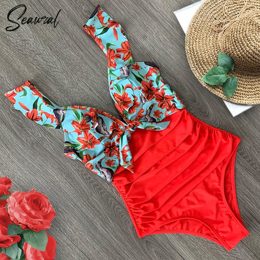 2023 Sexy New Ruffle One Piece Swimsuit Off The Shoulder Swimwear Women Swimsuit Deep-V Bathing Suits Beach Wear Swim Suit