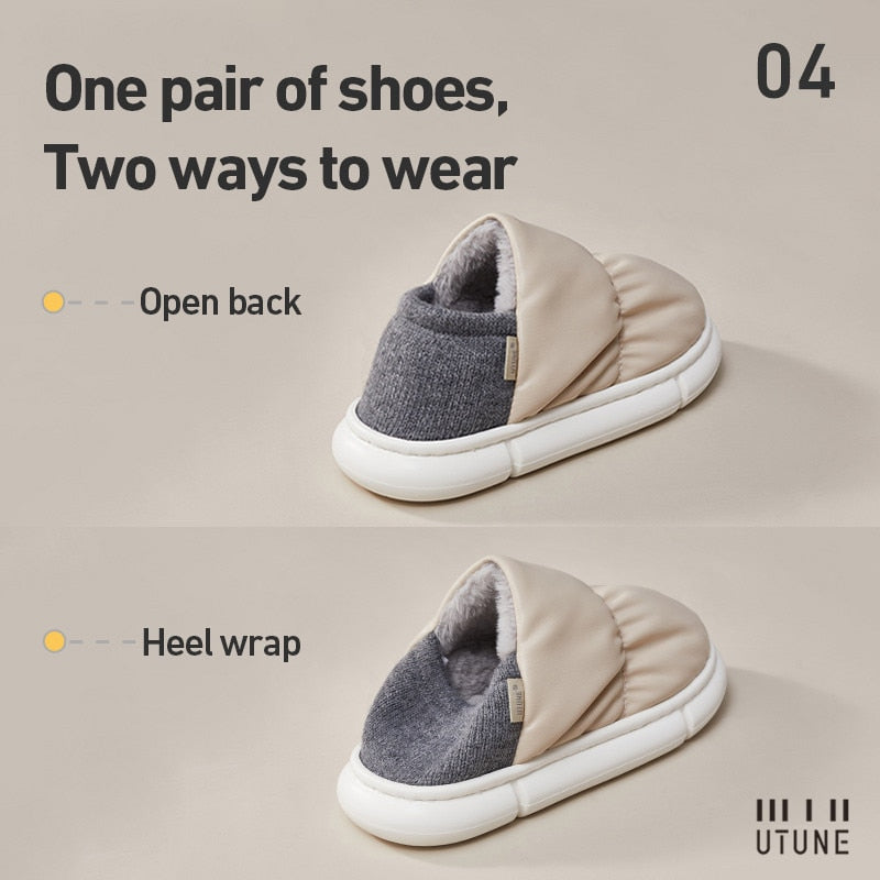 UTUNE Toast Winter Women Slippers Bread Shoes Outside Indoor Home Shoes Men PU Warm Plush Dual Purpose EVA Thick Sole Non-slip