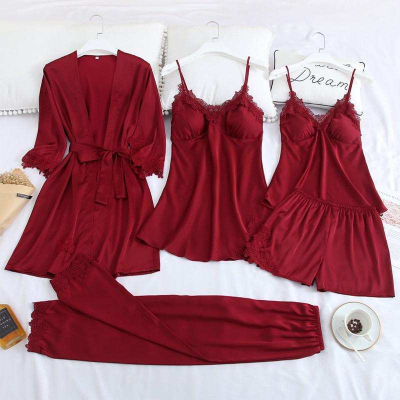 Women Robe Suit Pajamas Nighty&amp;Satin Kimono Bathrobe Gown Nightdress Silky Lace Sleep Set Nightwear Sexy Nightgown