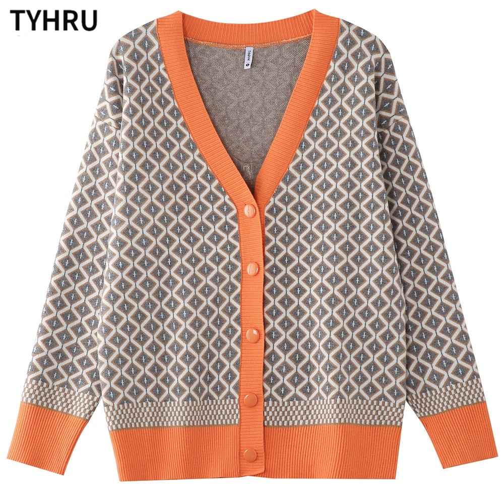 TYHRU Women&#39;s Knitting Sweater Color Matching Diamond Lattice Single-Breasted Buttons Loose Casual Knitted Cardigan Sweaters