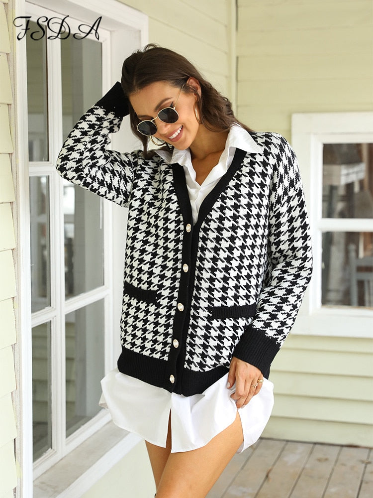 FSDA V Neck Women Button Black Houndstooth Cardigan 2022 Long Sleeve Sweater Autumn Winter Knitted Loose Oversized Jumper Casual