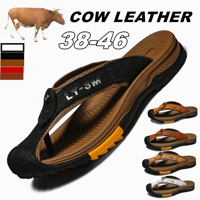 Genuine Cow Leather Shoes Men Sandals Mens Flip Flops Men&#39;s Casual Shoes Classic Massage Beach Slippers Anti-slip Summer 2021