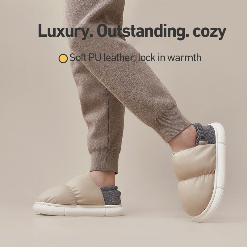 UTUNE Toast Winter Women Slippers Bread Shoes Outside Indoor Home Shoes Men PU Warm Plush Dual Purpose EVA Thick Sole Non-slip