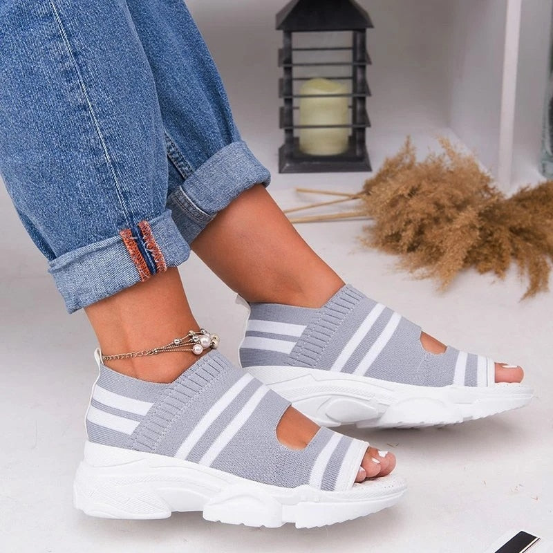 New Women Sandals 2022 High Heels Platform Women Shoes Summer Casual Female Sneakers Knitting Slip On Peep Toe Women Sandals