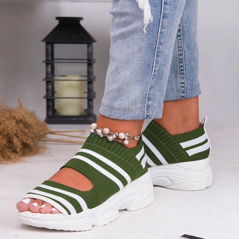 New Women Sandals 2022 High Heels Platform Women Shoes Summer Casual Female Sneakers Knitting Slip On Peep Toe Women Sandals