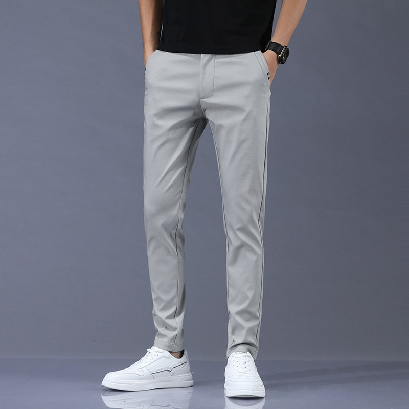 2022 Spring Summer Pants Mens Stretch Korean Casual Slim Fit Elastic Waist Business Classic Trousers Male Black Gray 28-38