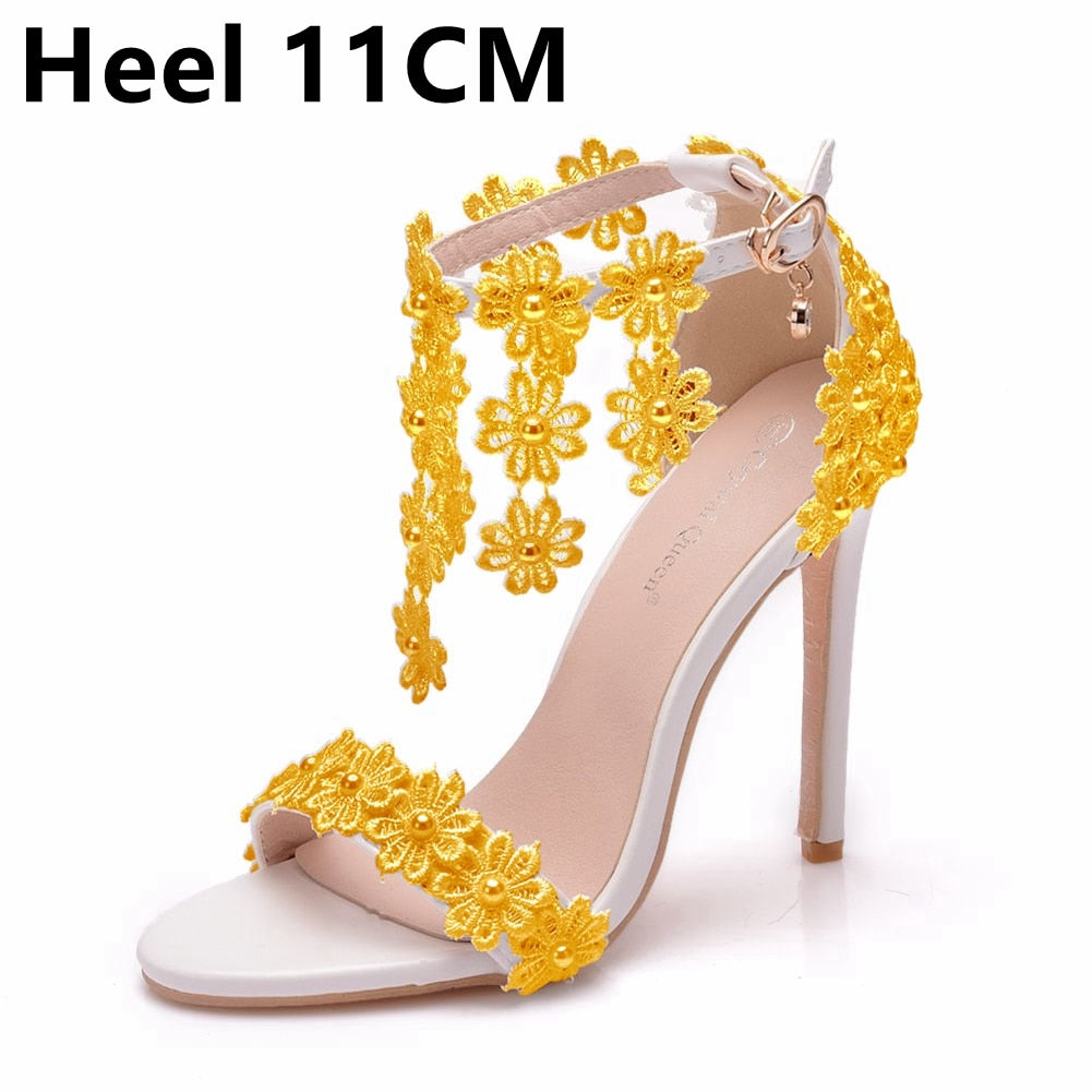 Crystal Queen Women Ankle Strap Sandals White Lace Flowers Pearl Tassel  Super Stiletto High Heels Slender Bridal Wedding Shoes