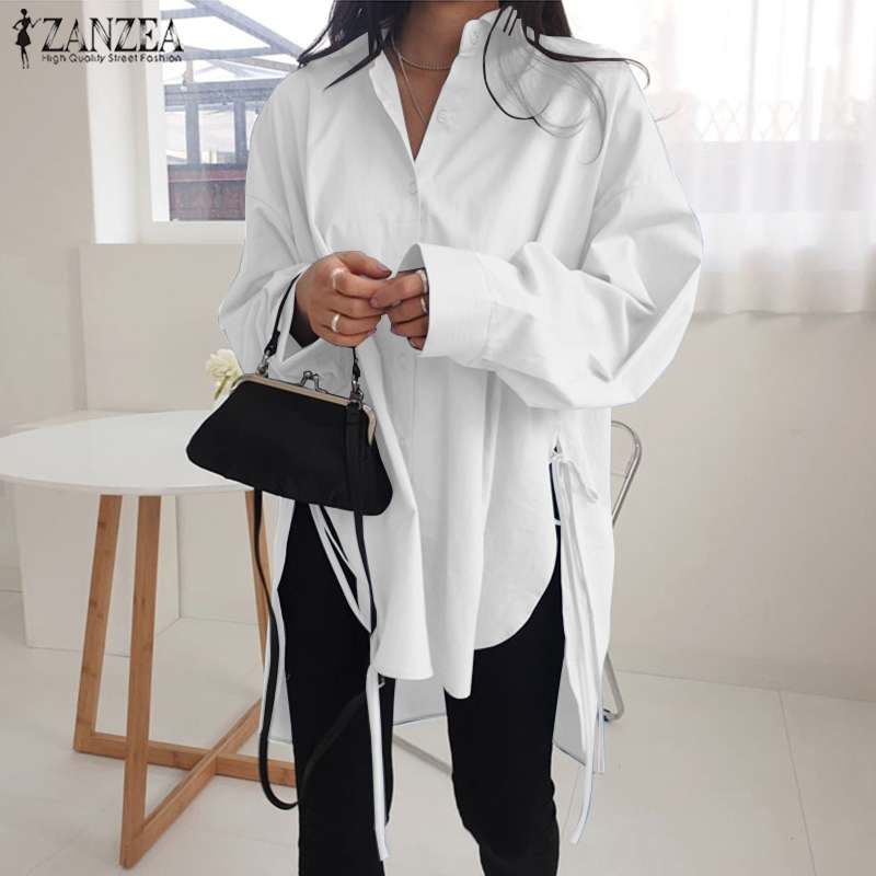 Stylish Solid Shirts Women&#39;s Asymmetrical Blouse 2022 ZANZEA Casual Lace Up Blusas Female Button Lapel Shirt Oversized Tunic