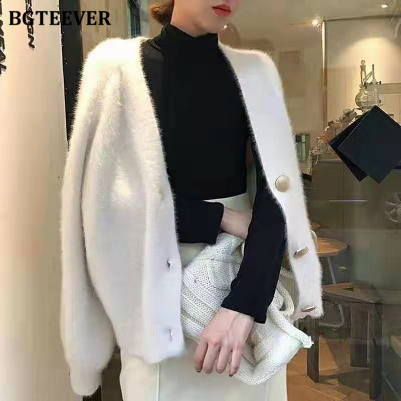 BGTEEVER Elegant Loose Women Knitted Cardigans Lantern Sleeve Mohair Sweater Jumpers 2020 Autumn winter Female Cardigan Jacket