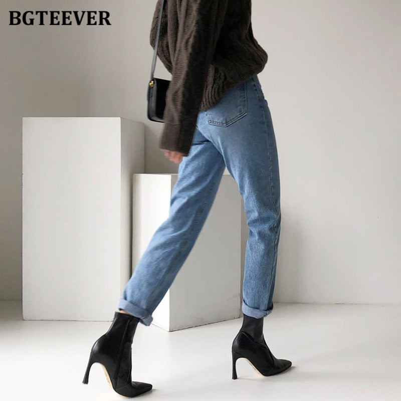 BGTEEVER Vintage Streetwear Women Denim Blue Jeans Autumn Winter High Waist Loose Trousers Female Straight Leg Jeans Pants