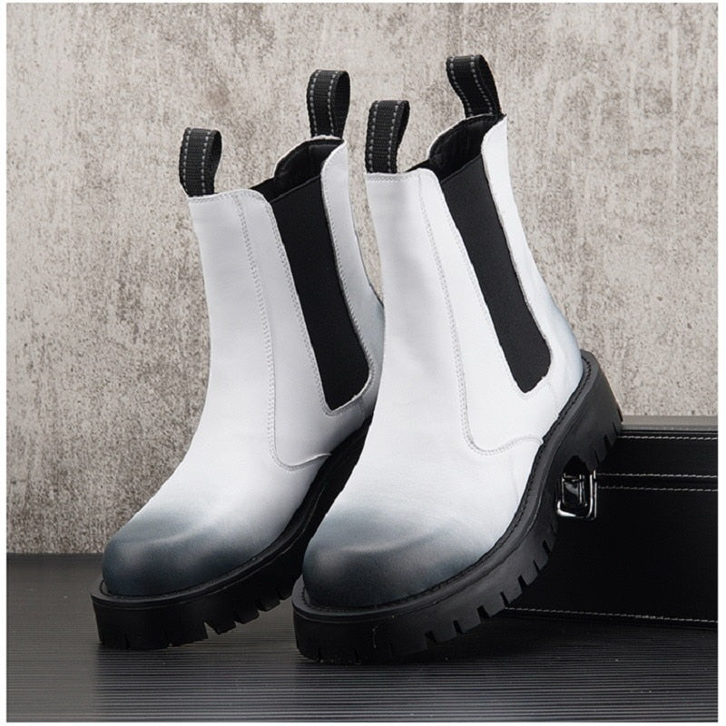 British Fashion Mens White Chelsea Boots Trending High Top Male Height Increasing Platform Short Mid Calf Motorcycle Botas 38-44