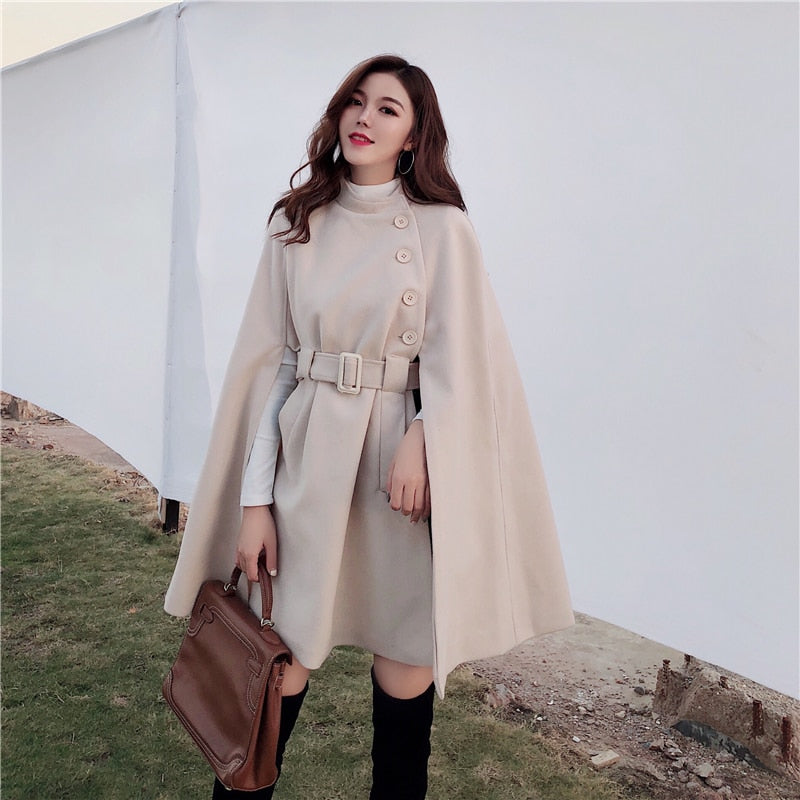 2022 Autumn High Quality Woolen Cloth Shawl Cape Poncho With Belt Women Mid-length Korean Sleeveless Casual Ladies Cape Coats