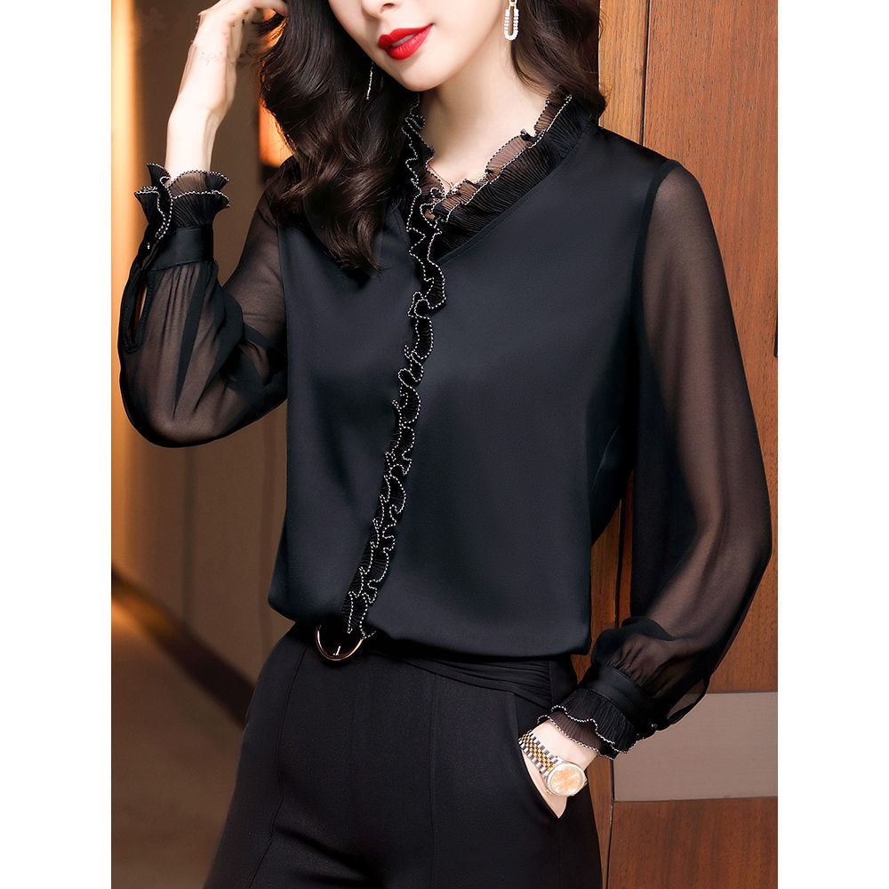 Lace Ruffles Chiffon Shirts Women&#39;s Clothing 2021 Autumn Winter New Office Lady Long Sleeve Pullovers Vintage Elegant Blouse 4XL