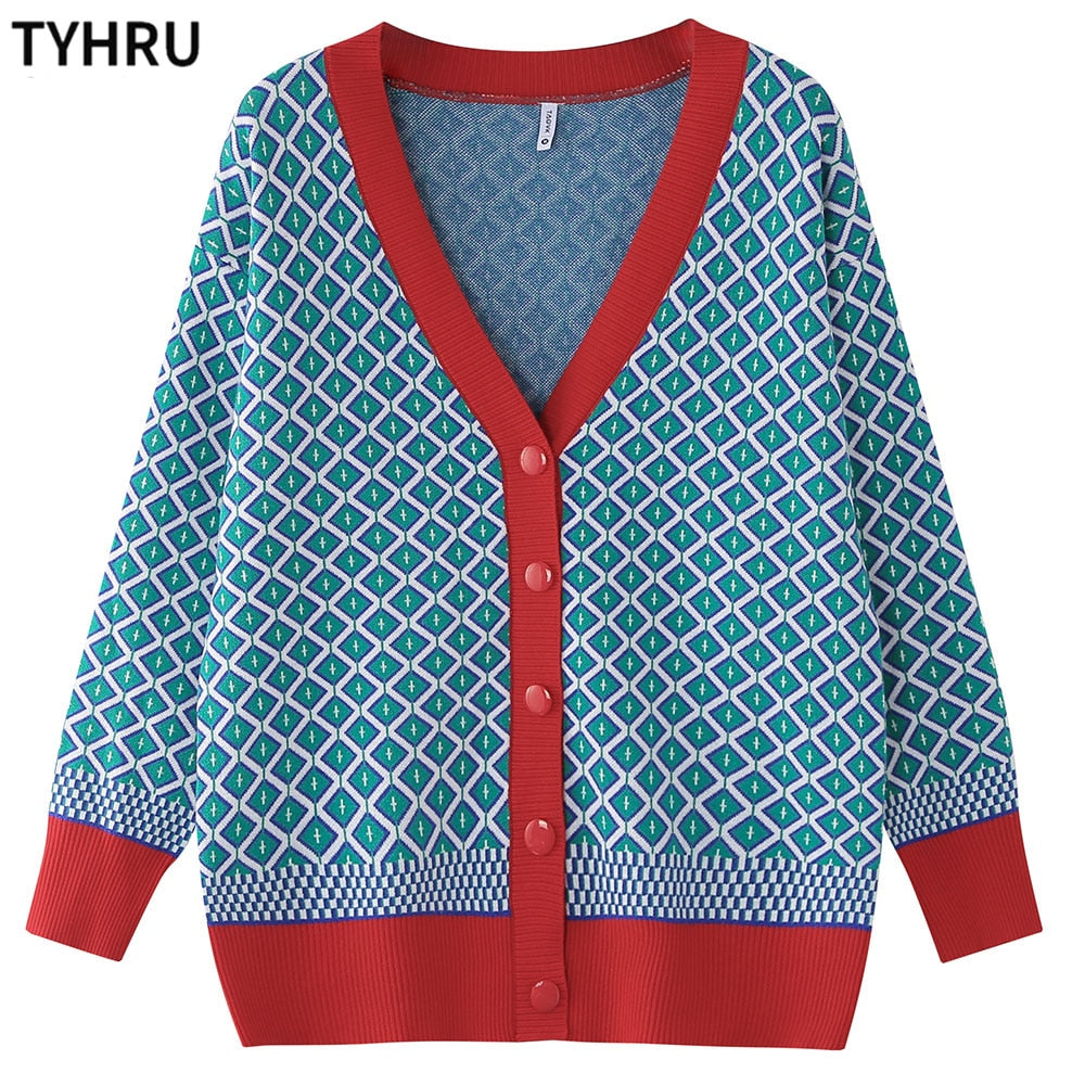 TYHRU Women&#39;s Knitting Sweater Color Matching Diamond Lattice Single-Breasted Buttons Loose Casual Knitted Cardigan Sweaters