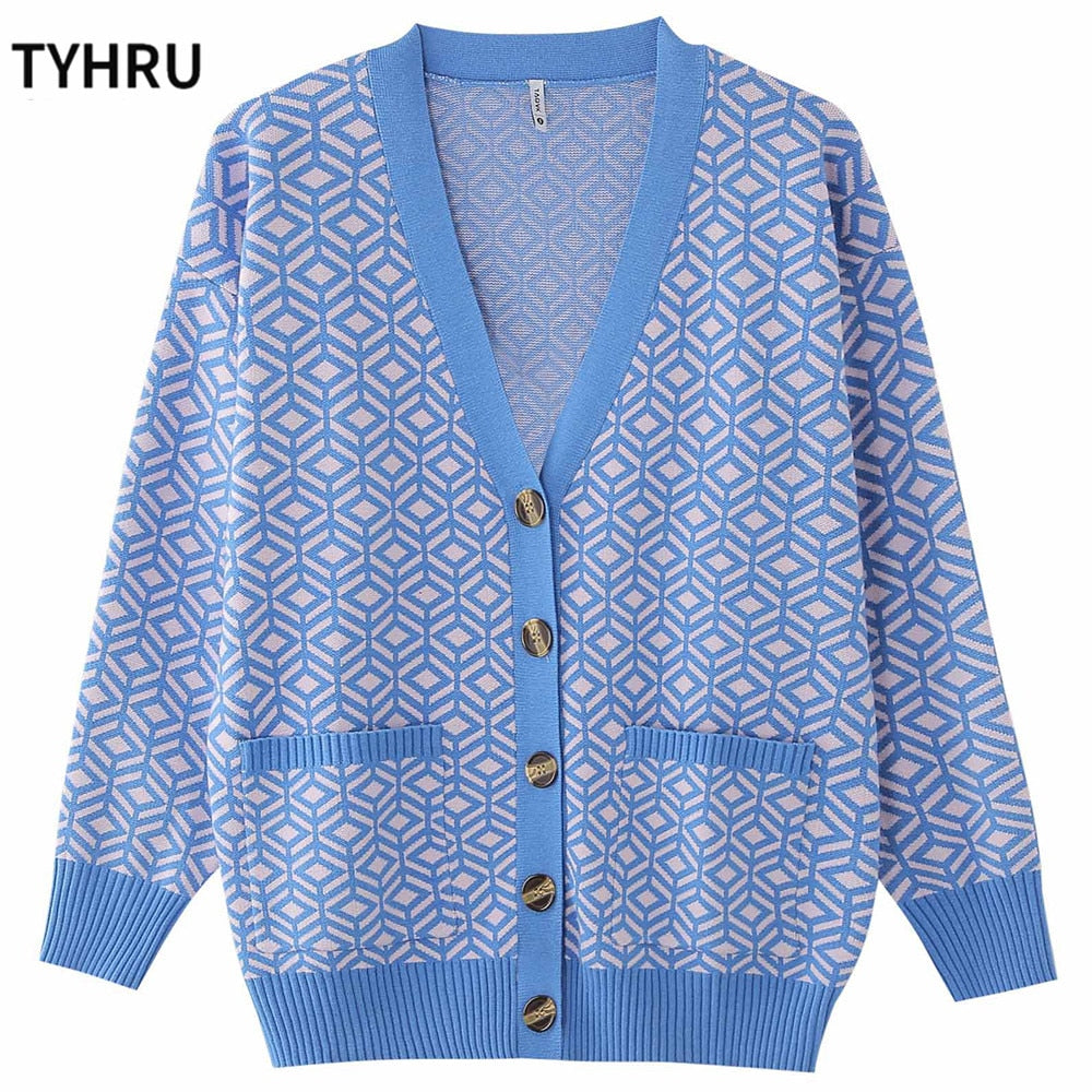 TYHRU Women&#39;s Knitting Sweater Color Matching Diamond Lattice Single-Breasted Buttons Loose Casual Knitted Cardigan Sweaters