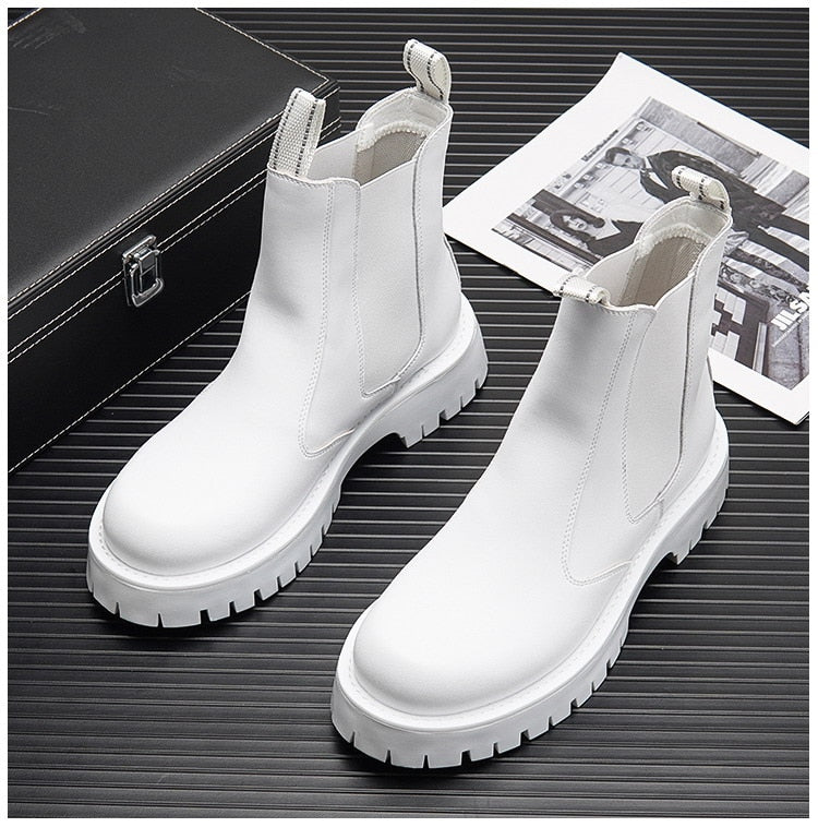 British Fashion Mens White Chelsea Boots Trending High Top Male Height Increasing Platform Short Mid Calf Motorcycle Botas 38-44