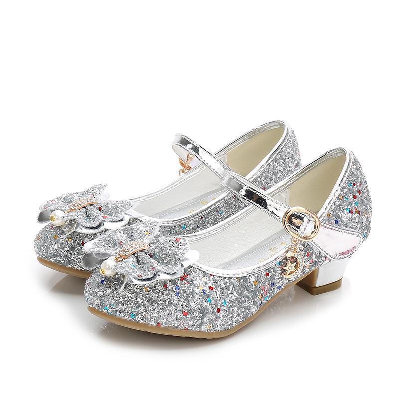 Princess Kids Leather Shoes For Girls Flower Casual Glitter Children High Heel Girls Shoes Butterfly Knot Blue Pink Silver