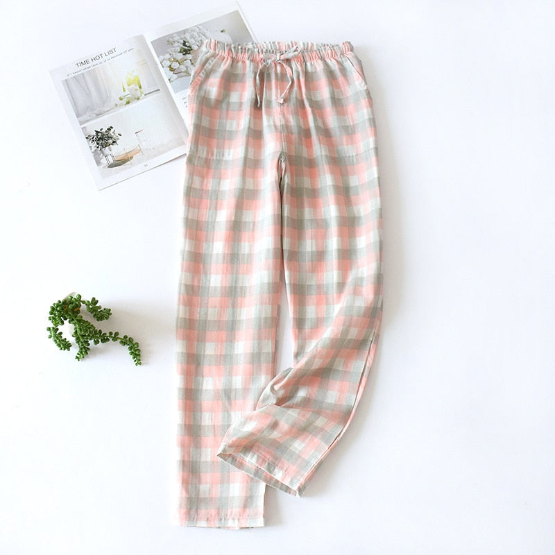 Men&#39;s Cotton Gauze Trousers Plaid Knitted Sleep Pants Woman Pajamas Pants Bottoms Sleepwear Short for Couples Pijama Hombre