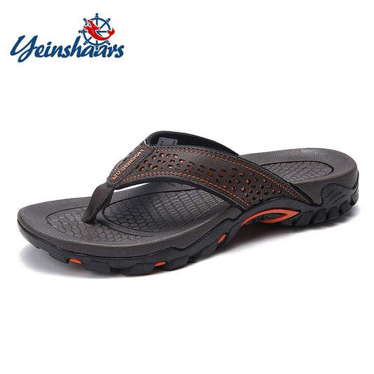 YEINSHAARS Brand PU Leather Summer Men Slippers Beach Sandals Comfort Men Casual Shoes Fashion Men Flip Flops Hot Sell Footwear