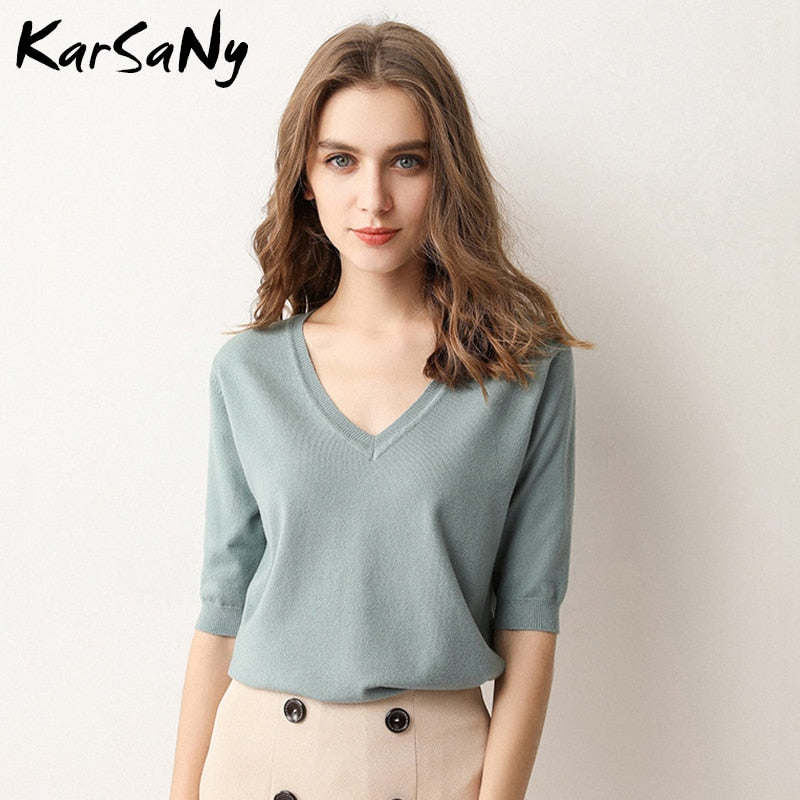 KarSany Half Sleeve Knitted Blouse Women Summer 2022 Pullovers Ladies V-neck Blouses Blouse Knitted Womens Tops And Blouses