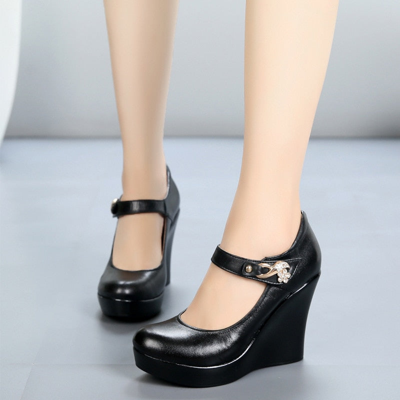 GKTINOO 2022 Spring Autumn Genuine Leather Women&#39;s Fashion High Heels Pumps Wedges Black Color Female Platform Shoes Large size