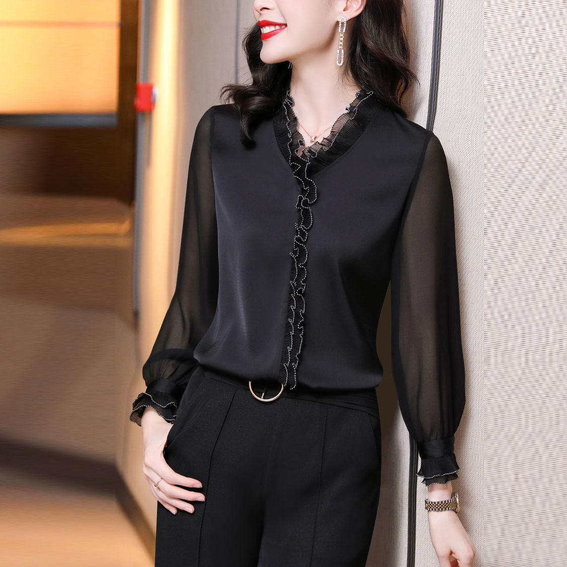 Lace Ruffles Chiffon Shirts Women&#39;s Clothing 2021 Autumn Winter New Office Lady Long Sleeve Pullovers Vintage Elegant Blouse 4XL