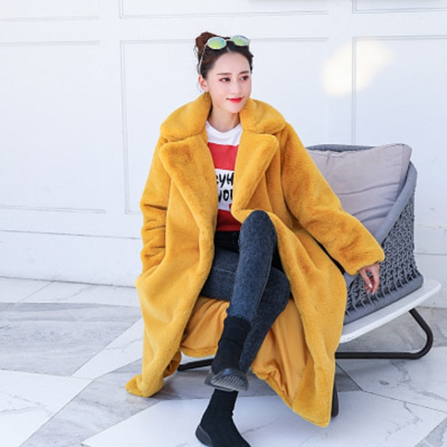 New Women Autumn Winter Furry Warm Fur Outerwear Fashion Loose Faux Fur Rabbit Long Jacket Casual Thickened Fur Coat