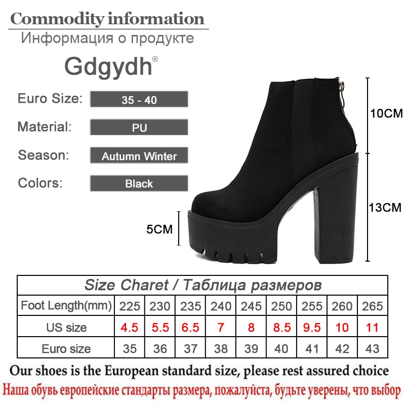 Gdgydh Fashion Black Ankle Boots For Women Thick Heels Spring Autumn Flock Platform Shoes High Heels Black Zipper Ladies Boots