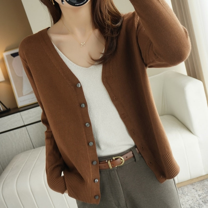 Spring Autumn New V-Neck Knitted Cardigan Women&#39;s Loose Large Size Thin Sweater All-Match Jacket Pure Color Basic Small Cardigan