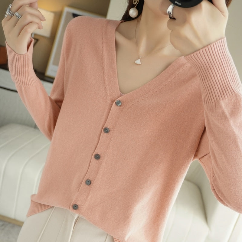 Spring Autumn New V-Neck Knitted Cardigan Women&#39;s Loose Large Size Thin Sweater All-Match Jacket Pure Color Basic Small Cardigan