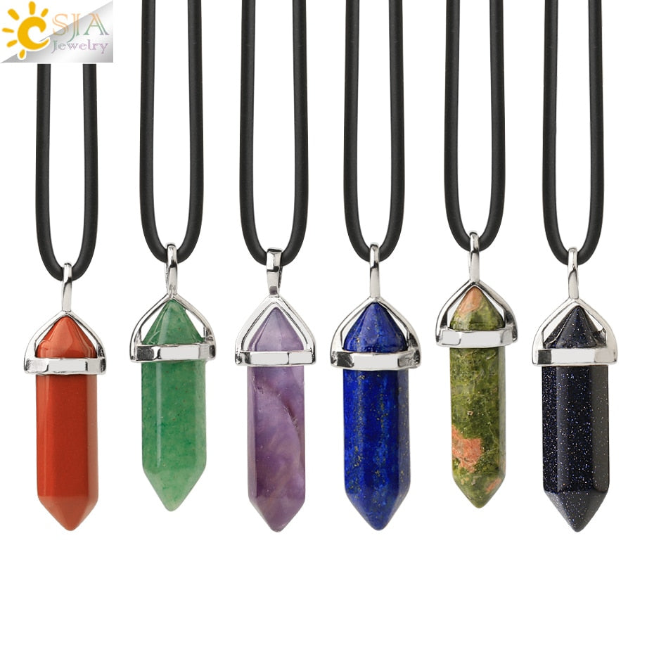 CSJA Real Raw Pink Purple Gem Crystals Necklace Hexagonal Bullet Reiki Chakra Natural Stone Necklace Pendant Women Jewelry E056