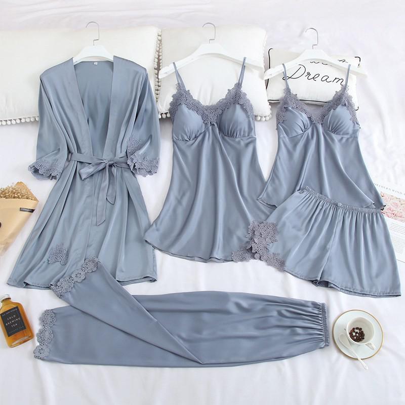 Women Robe Suit Pajamas Nighty&amp;Satin Kimono Bathrobe Gown Nightdress Silky Lace Sleep Set Nightwear Sexy Nightgown