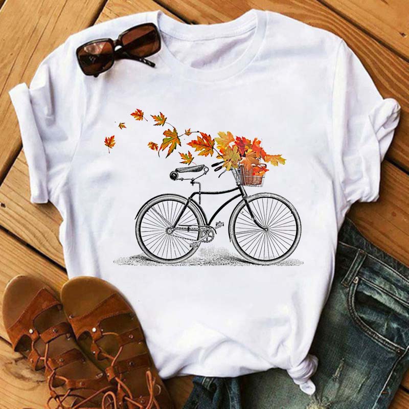 Maycaur New Funny Bicycle with Sunflower Women Tshirt Summer Harajuku Short Sleeve White T Shirts Cartoon Casual Woman Tops Tees