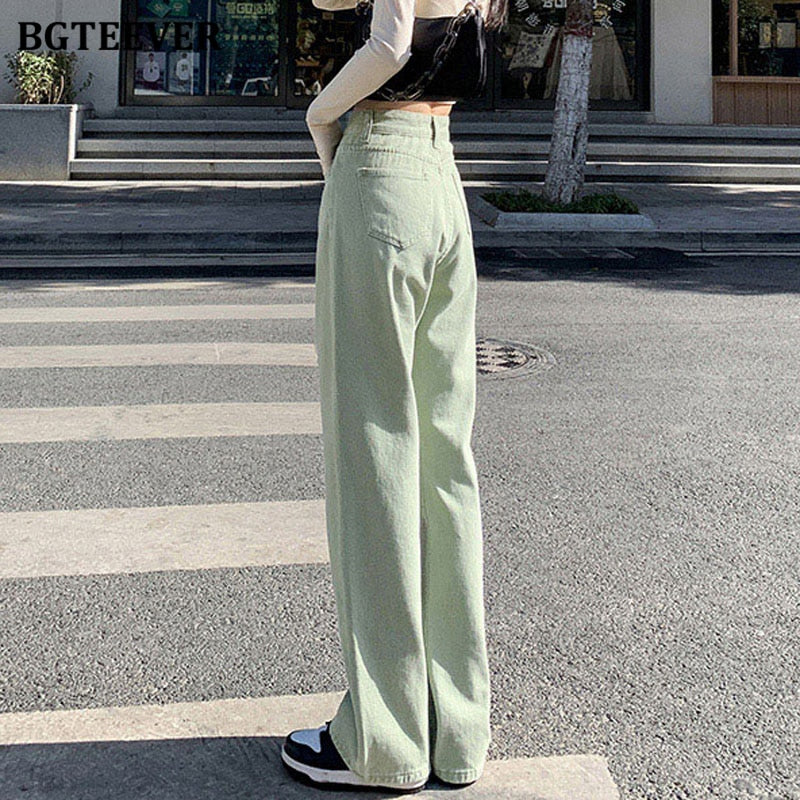 BGTEEVER Casual Spring Women Long Jeans Trousers High Waist Pockets Loose Female Wide Leg Denim Pants Ladies Floor-Length Pants