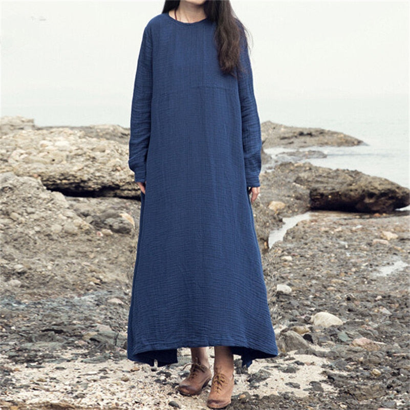 Casual Loose Dress Spring Autumn Women Long Cotton Linen dress,girl long sleeve Vintage dress vestidos de fiesta