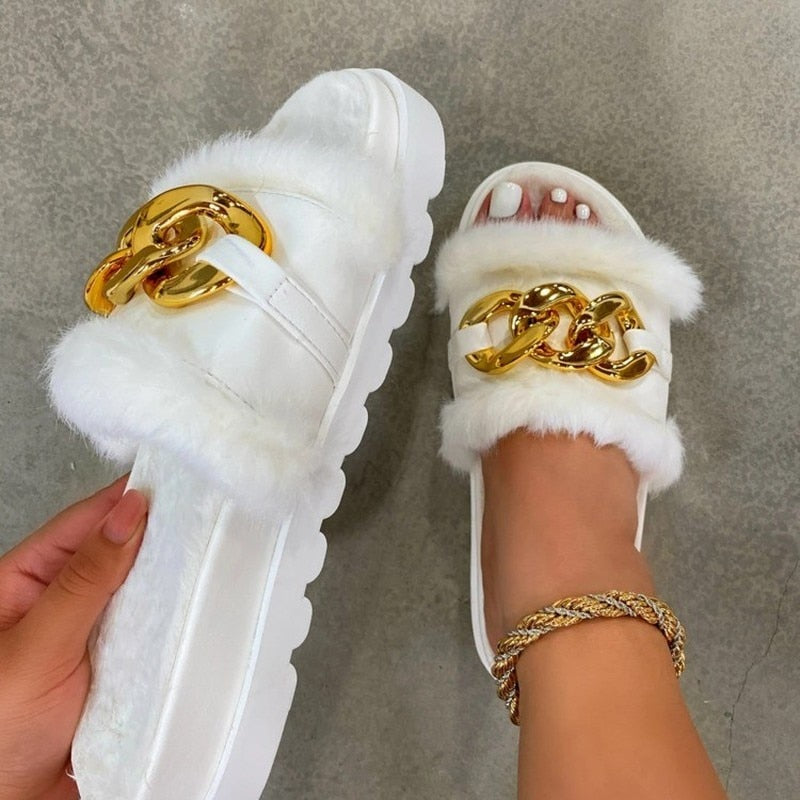 2021 Winter Plush Slippers Fashion Open Toe Solid Color Women&#39;s Sandals Metal Chain Outdoor Casual Women&#39;s Shoes  Fashion Shoes