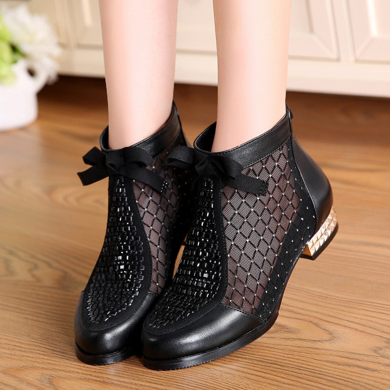 GKTINOO 2022 Spring Summer New Bow Genuine Leather Women Boots Hollow Mesh Ankle Boots Comfortable Low Heels Fashion Shoes