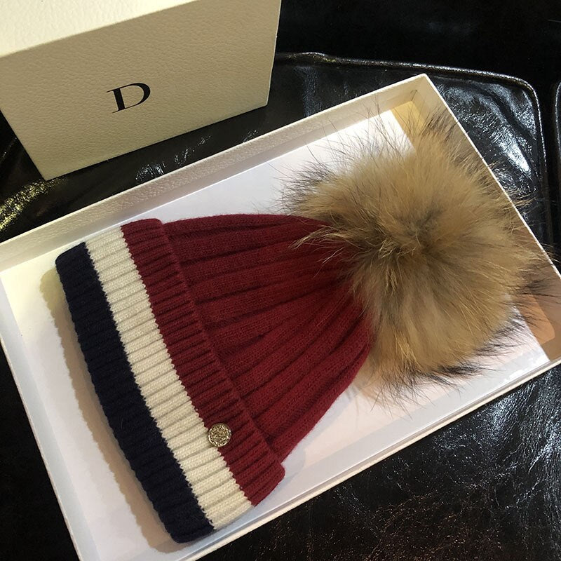 Beanies for Women Cotton Raccoon Fur Pompom Beanies Ladies Skullies Winter Warm Hats Black Red Fur Striped Men Beanies Elastic