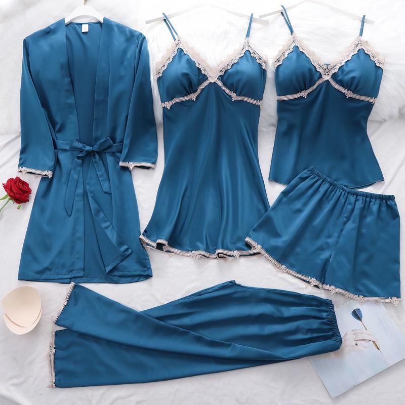 Women Robe Suit Pajamas Nighty&amp;Satin Kimono Bathrobe Gown Nightdress Silky Lace Sleep Set Nightwear Sexy Nightgown