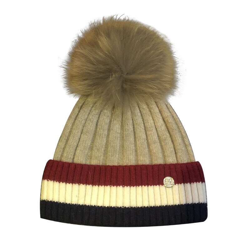 Beanies for Women Cotton Raccoon Fur Pompom Beanies Ladies Skullies Winter Warm Hats Black Red Fur Striped Men Beanies Elastic