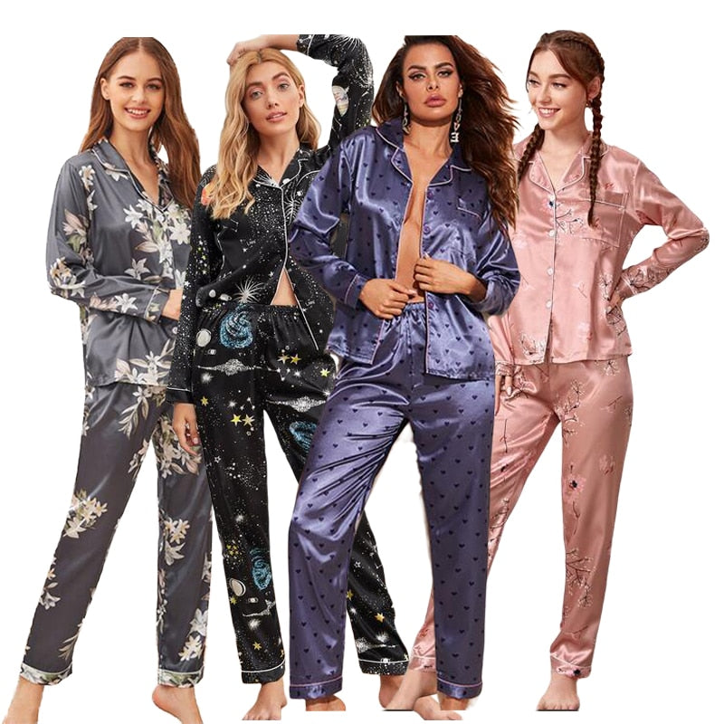 Spring Summer Women&#39;s Pijamas Silk Satin Pajamas Set Long Sleeve and Trouser Pyjamas Suits Sleepwear Loungewear Female Mujer