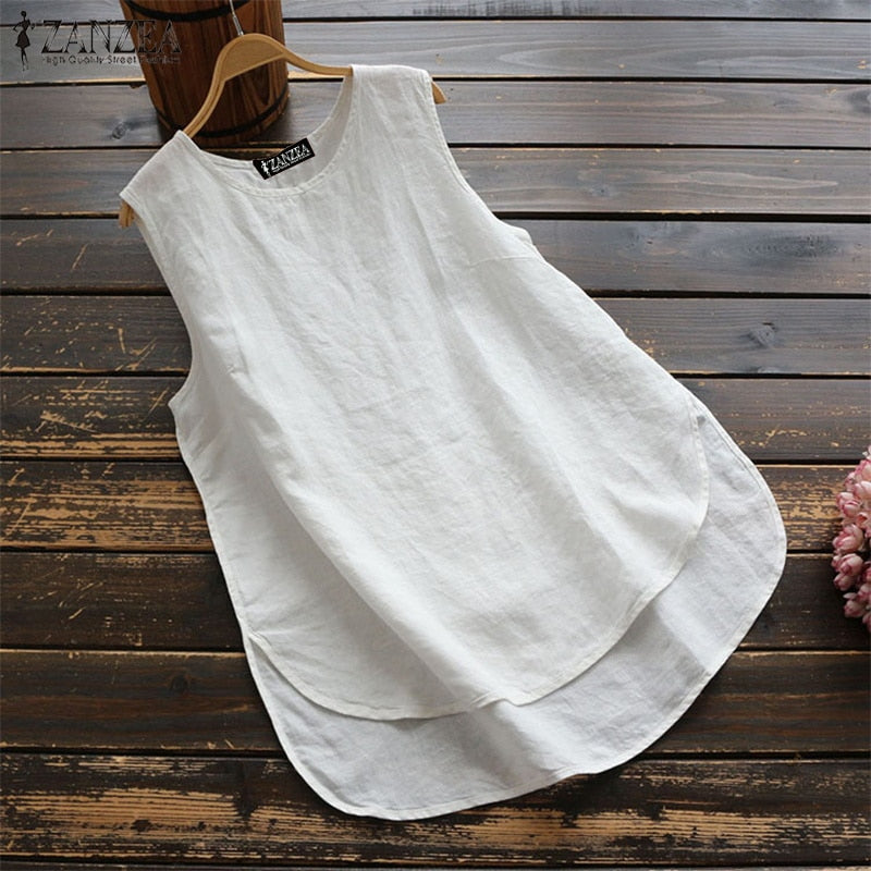 Women's Irregular Blouse ZANZEA 2022  Tanks Tops Casual Linen Blusas Female Sleeveless Chemise Summer Tee Shirts