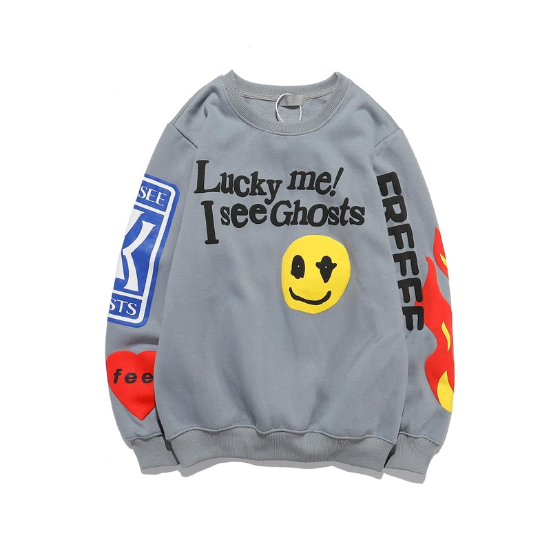 Harajuku Retro Smiley Flame Print Round Neck Sweatshirts Men and Women Plus Velvet Streetwear Fleece Hoodie Pullover