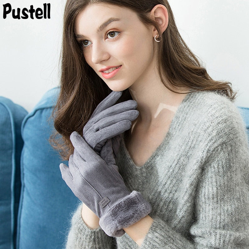 Winter Gloves For Women Touch Screen Lady Suede Warm Plush Inside Finger Gloves Female Winter Elegant Soft Black Mittens Gloves